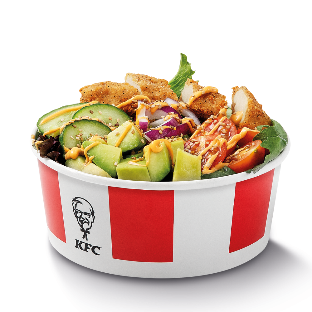 Naša Veggie Bowl s vegetariánskymi kúskami, sviežim šalátom, krémovým